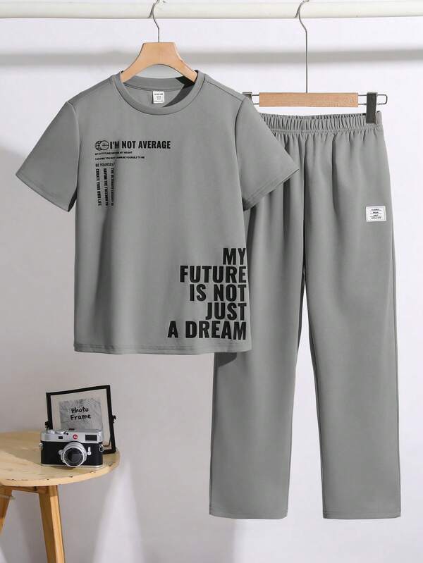 SHEIN 2pcs/Set Tween Boys' Casual College Style Graphic Letter Print Round Neck T-Shirt & Long Pants Outfit, Suitable For Commute, School, Daily Casual, Sports, Spring/Summer Wear