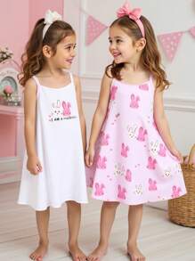 Young Girl 2 Pieces Bunny Print Knitted Camisole Dress And Shorts Sleepwear Set, White & Pink, Comfortable & Cute