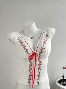 Elamini 女式清爽精致荷叶边褶皱前刺绣系带短袖衬衫，春夏 - 白色 - 查看 5