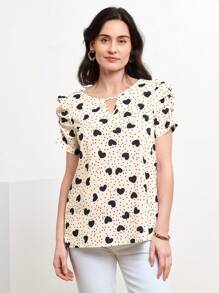 Miaspire Polka Dot & Heart Print Puff Sleeve Keyhole Neck Blouse - Black and White - View 6