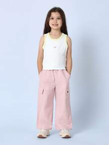 SUMWON Top sin mangas acanalado con detalle de mariposa para niñas, top básico casual y deportivo de verano, top de moda con ribete amarillo para uso diario