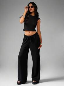 MISSGUIDED Waffle Knit Two-Piece Loungewear Set Wide Leg Pants Crop Top Matching Co-Ord Comfortable Ribbed Texture Casual Summer Spring Fall Outfit - Black - View 3