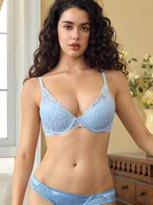 Charlaine 女士花卉蕾丝时尚舒适内衣文胸 - 藍色 - 查看 1