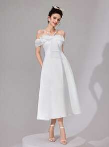 Modelyn Elegant Women's White Midi Dress With Bow Detail And Spaghetti Straps - White - View 4