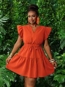 Slaydiva New Spring/Summer Casual Resort V-Neck Ruffle Cap Sleeves Elasticated Waist Bow Accent Tiered Mini A-Line Dress, Green, Plus Size - M - Orange - View 5