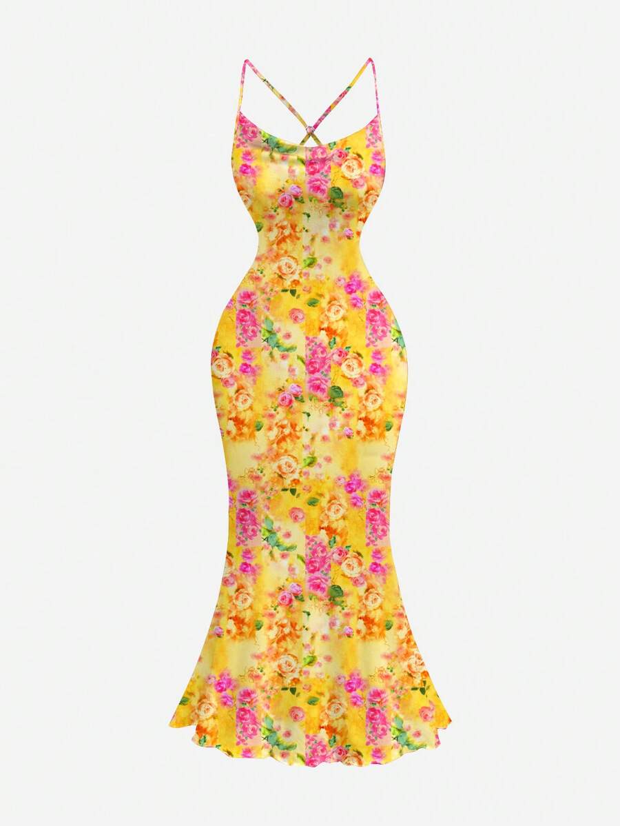 SHEIN MOD Elegant Floral Print Plunge Neck Backless Dress,Hippie,Streetwear  , Rave,       Boho,Concert ,Graduation ,Hawaiian ,Gyaru,Date Night ,Tropical  , Elegant,Vacation ,Party,Modest ,Prom ,Formal ,Floral,Club Outfits Women Dress,Summer Dresses For Women Suitable For Going Out Chic Dress