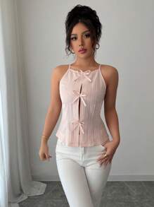 Selianne Top de camisa de tirantes de color liso y casual con lazo decorativo adelante y recogido en la cintura - Rosa - Ver 4