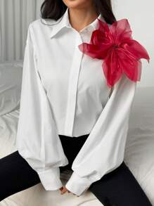 Calvaya New Elegant Loose Fit Burgundy Organza 3D Floral Design Blouse