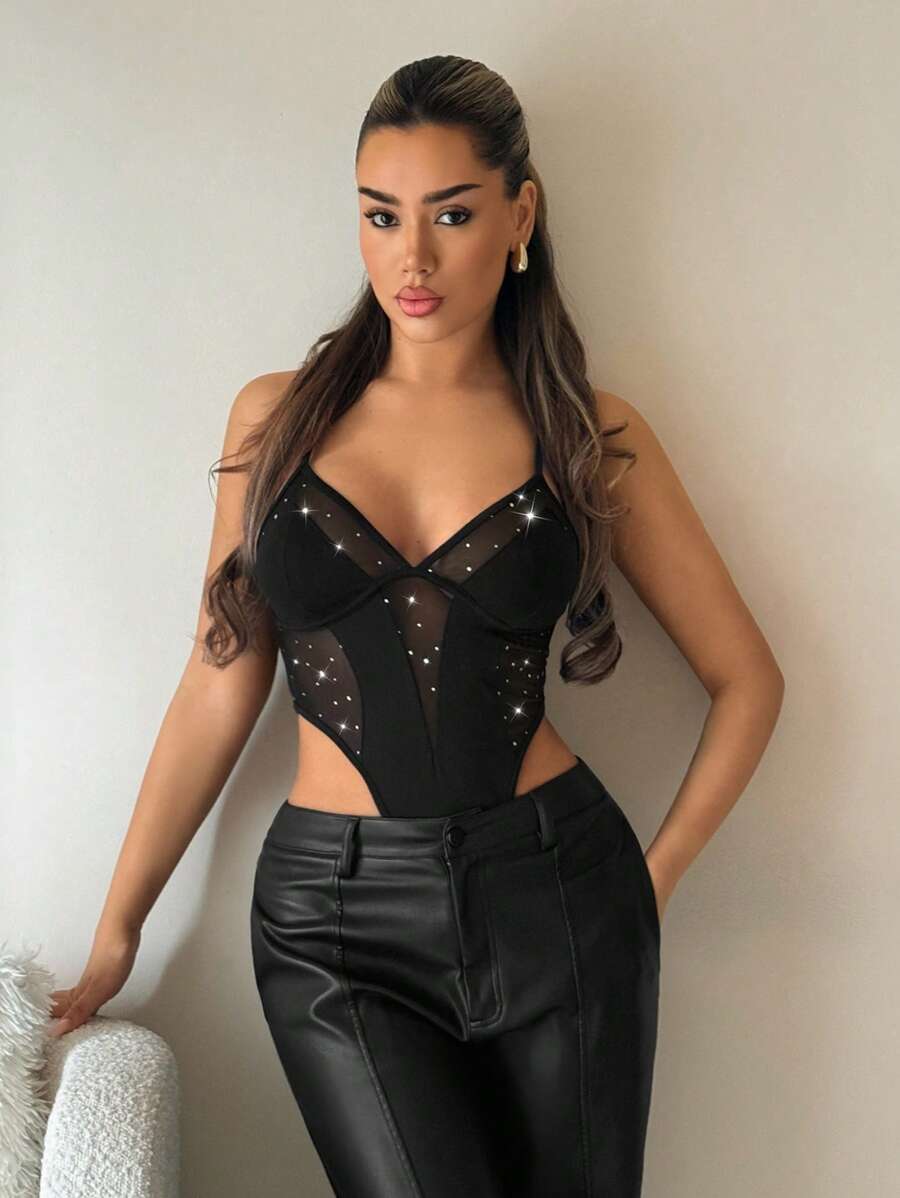 SHEIN ICON Rhinestone Mesh Splice Cup Detail High Waist Hollow Out Bodysuit - Black - View 1
