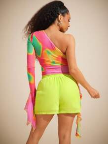 Vixey Colorful Ruffle Sheer Mesh Asymmetrical Neck Long Sleeve Top, Summer For Women, Easter, Festival For Women, Summer Tops, Rave, Cute Summer Tops - Multicolor - View 2