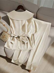SHEIN PETITE Women's Elegant Minimalist Solid Color Top And Pants 2 Pieces Outfit - Apricot - View 2