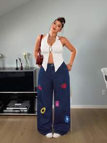 SHEIN ICON Plus Size Women Wide Leg Loose Strawberry Embroidery Jeans - Dark Wash - View 5