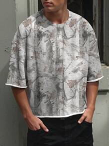 Manfinity Dauomo Camiseta Casual Masculina de Manga Curta Gola Redonda com Estampa de Árvore, Ombros Caídos, Verão