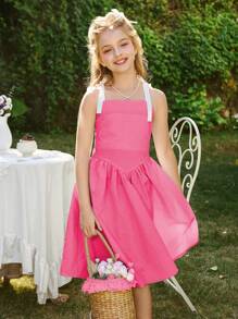 Tween Girl Elegant Minimalist Jacquard Texture Fabric Ribbon Bow A-Line Strap Dress, Suitable For Summer & Spring Wear, Suitable For Outings, Dates, And Vacations - Hot Pink - View 5