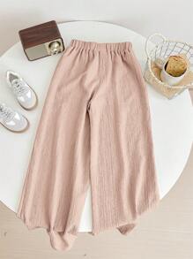SHEIN LMoss Kids LMoss Tween Girl Textured Fabric Loose Wide Leg Pants With Drawstring Elastic Waistband - Pink - View 2
