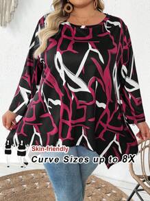 SHEIN CURVE+ Camiseta suelta de manga 3/4 con cuello redondo y bajo asimétrico para mujer de talla grande, con estampados de San Valentín, rosa, corazón, lunares, amor, labios, Cupido, flores 3D
