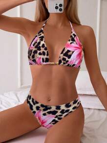 SHEIN Swim 2pcs/Set Zebra Print V-Neck Bikini Swimsuit For Summer Beach Vacation - Multicolor - View 5