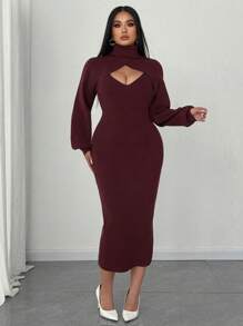 Celure Conjunto de 2 piezas de punto para mujer de talla grande - Vestido de suéter sin mangas de cuello en V + Jersey de cuello alto de manga corta abombada