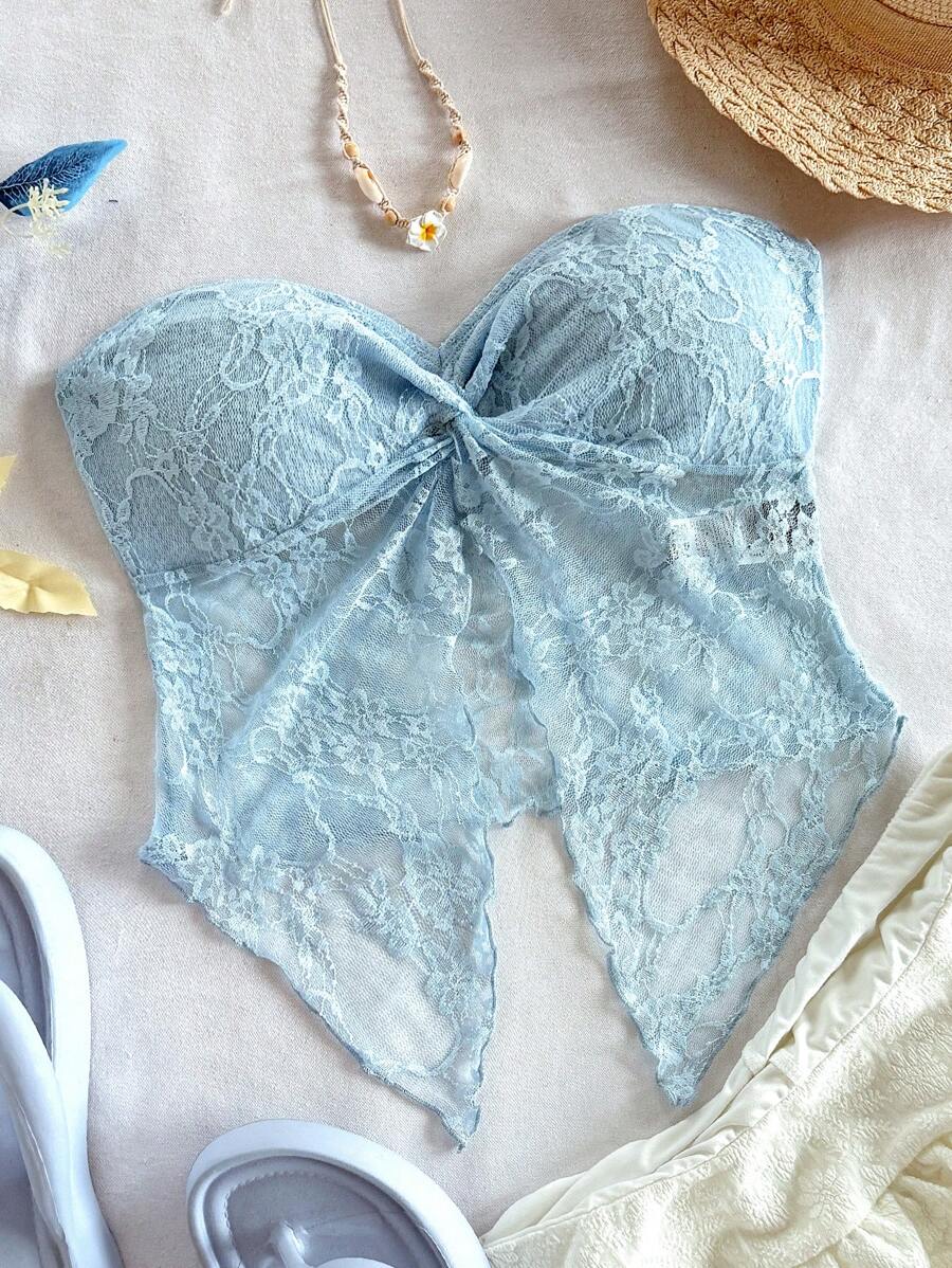 Soleia 女式针织纹理拼接弹力蕾丝面料扭曲前开衩下摆吊带背心上衣，适合度假、毕业典礼、派对、情人节、所有季节 - 淺藍色 - 查看 1