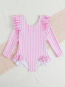 One-Piece Striped Ruffle Trim Beach Swimwear For Young Girls - Coral Pink - View 5