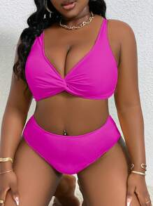 Slaydiva Plus Size Women 2 Pieces Twist Camisole Bikini Set, Fashion Casual Holiday Swimsuit For Summer Beach Vacation - Hot Pink - View 5