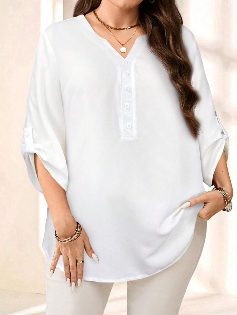 EMERY ROSE Plus Size Women's Purple Red 3/4 Sleeve Shirt, Early Spring - White - View 1