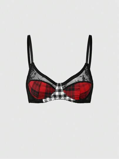 Goth Corpiño con aros con contraste de cuadros escoceses y encaje en estilo gótico oscuro para universidad