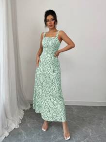 Elenzga Women's Fashionable Sleeveless Printed Long Dress, Summer - Green - View 3