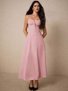 Poéselle 女士优雅纯色细肩带连衣裙 - 粉色 - 查看 3