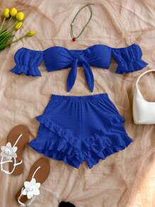 Soleia 2 件女士度假优雅露肩超短上衣带荷叶边下摆短裤套装海滩度假服装春夏女士西部音乐节波西米亚假日波西米亚风