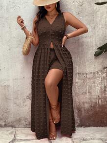 SHEIN Holidaya Plus Size Vacation Casual Solid Color Sleeveless Long Top & Shorts 2pcs Set - Brown - View 5