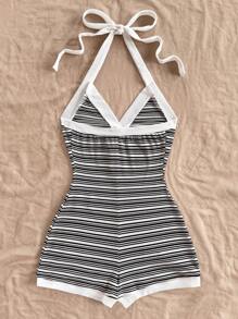 Soleia Bộ đồ liền thân trang trí khóa kim loại hình trái tim sọc đen trắng cổ điển - Đen và trắng - Xem 2