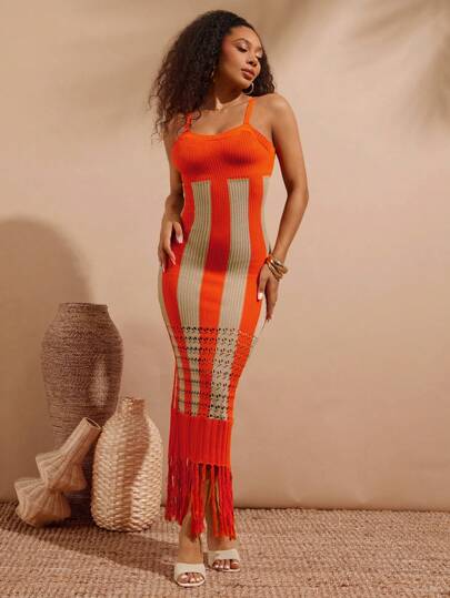 Vixey Vestido de vacaciones de punto de dos tonos con dobladillo de flecos estilo bohemio, atuendos de verano para mujer, atuendos de primavera para mujer, atuendos de vacaciones para mujer, estilo bohemio, ropa bohemia para mujer, ropa de brunch para mujer, atuendos de vacaciones en la playa para mujer, atuendos de Ibiza