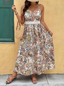 SHEIN Clasi Plus Size Paisley Print Spaghetti Strap Lace Trim Slit Dress - Multicolor - View 3
