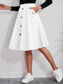 SHEIN Clasi Casual Front Button Mid-Length A-Line Skirt - White - View 6