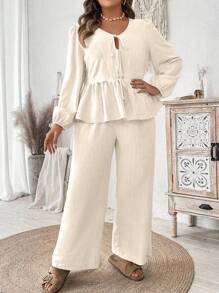 SHEIN Clasi Bộ 2 chiếc áo dài tay màu trơn cỡ lớn và quần dài, phong cách tối giản phù hợp cho mùa hè - Màu be - Xem 5