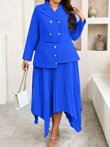 SHEIN Unity Plus Size Suit Set: Long Sleeve Jacket And Solid Color Skirt - Royal Blue - View 3