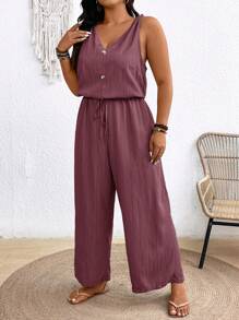 SHEIN Frenchy Bộ đồ liền thân vải crepe có họa tiết Earthy Clothes cỡ lớn có eo thắt nơ và cổ chữ V - Màu đỏ tím - Xem 4