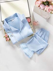 SHEIN 2 件套青少年女孩优雅甜美缎裤腿网眼褶边家居套装女童衬衫套装青少年女孩服装套装女童可爱套装 - 藍色 - 查看 1