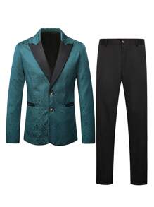 Calvornis Conjunto de chaqueta y pantalones de traje de color contrastante de manga larga para hombre - Verde Oscuro - Ver 4