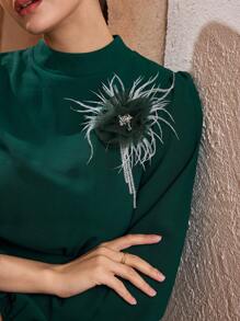 Graceveil Vestido de cintura alta con manga de farol, cintura ceñida y cuello con aplicación de unicolor - Verde Oscuro - Ver 1