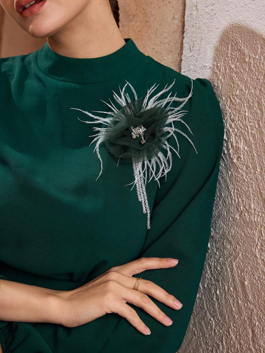 Graceveil Solid Color Applique Collar Lantern Sleeve Cinched Waist High Waist Dress - Dark Green - View 1