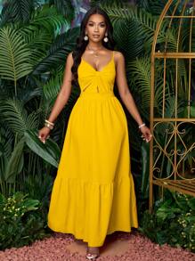 SOLERSUN 女士浪漫橙色海滩度假 V 领褶皱露背 A 字形吊带长裙，适合春夏夏威夷