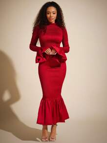 Vixey 纯色缎面美人鱼下摆中长裙，春季服装，女士夏季服装 - 紅色 - 查看 1