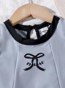 Young Girl Bowknot Print A-Line Dress, Fashion Gray Sleeveless Dress, Comfortable & Cute For Toddlers, Summer New Arrival - Grey - View 6