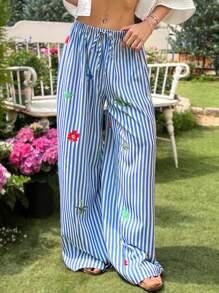 SHEIN EZwear New Summer Casual Striped Loose Wide Leg Pants For Vacation - Blue and White - View 4
