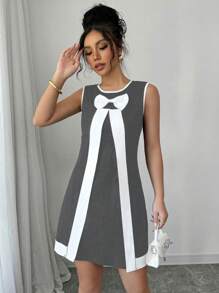 Elenzga Abito casual ed elegante da donna per primavera ed estate, a maglia, con collo rotondo, decorazione fiocco, linea ad A, corto e aderente