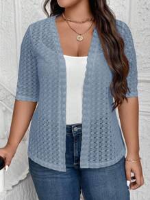 SHEIN LUNE Plus Size Jacquard Knit Minimalist Lightweight Summer Jacket In Fall/Winter - Dusty Blue - View 4