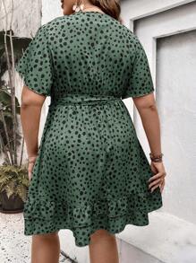 SHEIN Holidaya Plus Allover Print Ruffle Hem Belted Dress For New Year Clothes - Green - View 2
