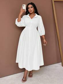 Maweii 加大码纯色衬衫领前纽扣中长袖褶皱休闲中长连衣裙长款女装